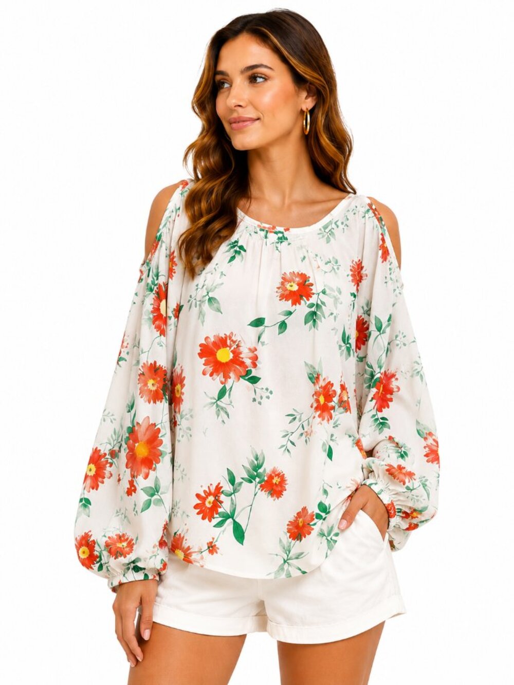 Seven7 Women’s Floral Boho Tunic Top Size Large Green White Peach Beach Coverup